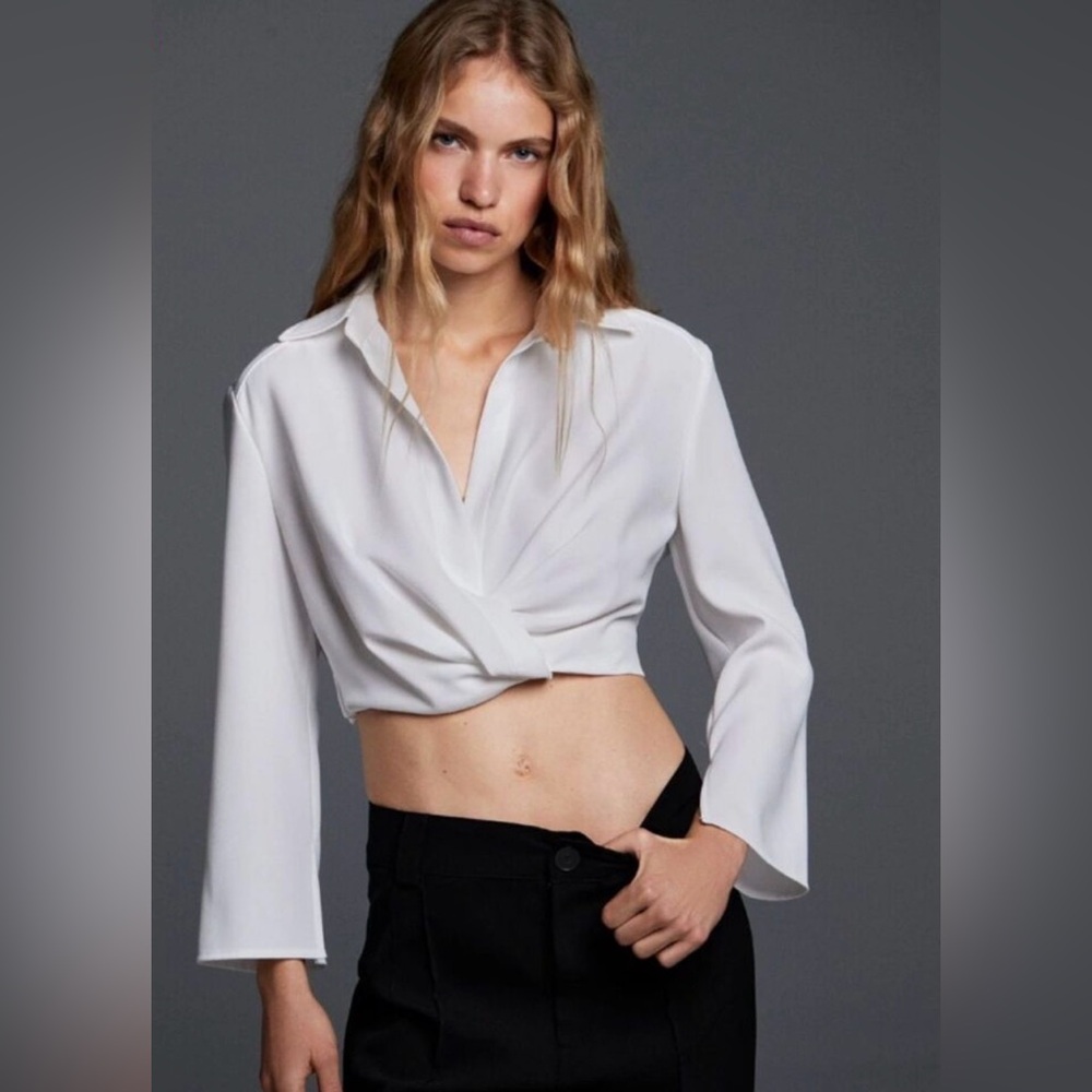 New Zara White Twist-Front Cropped Long Sleeve Shirt Size Medium